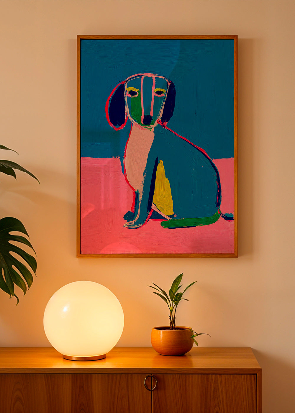 Kunstwerk neonhond felle kleuren