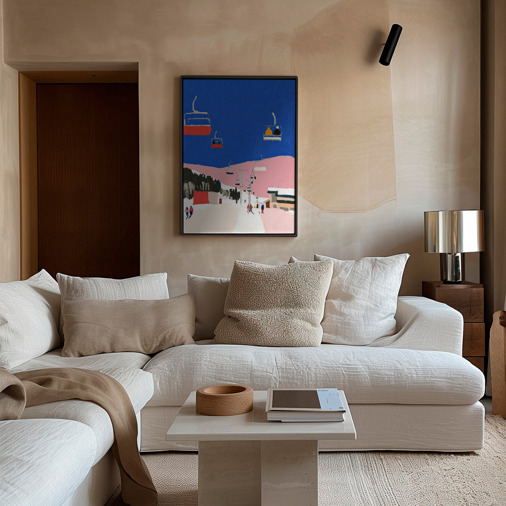 Tableau de paysage avec télécabines et ciel bleu