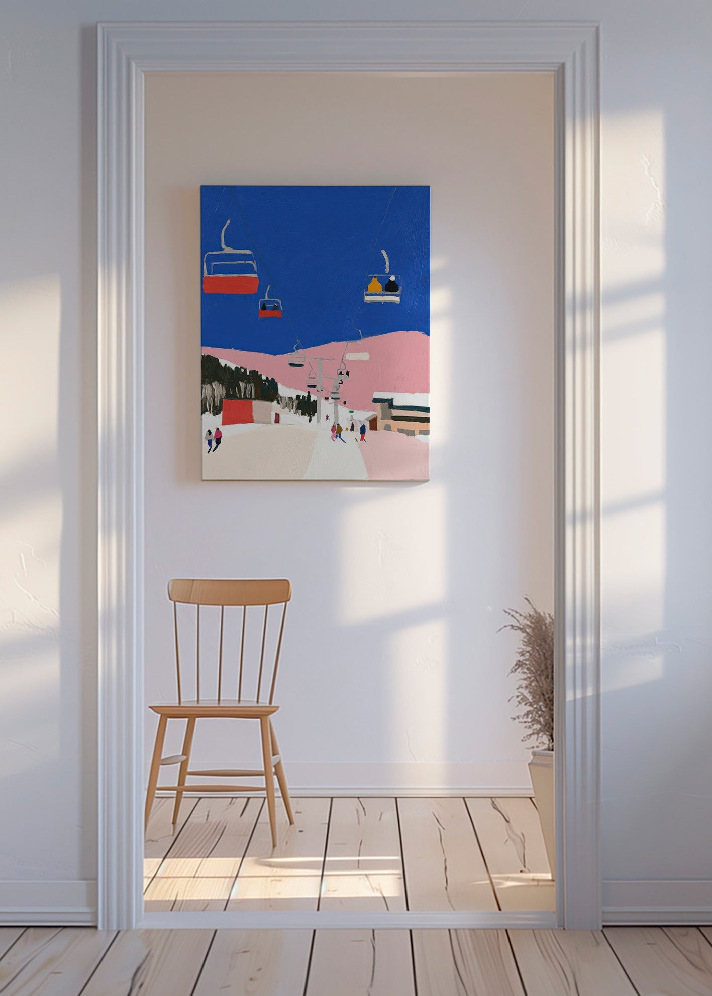 Tableau de paysage avec télécabines et ciel bleu