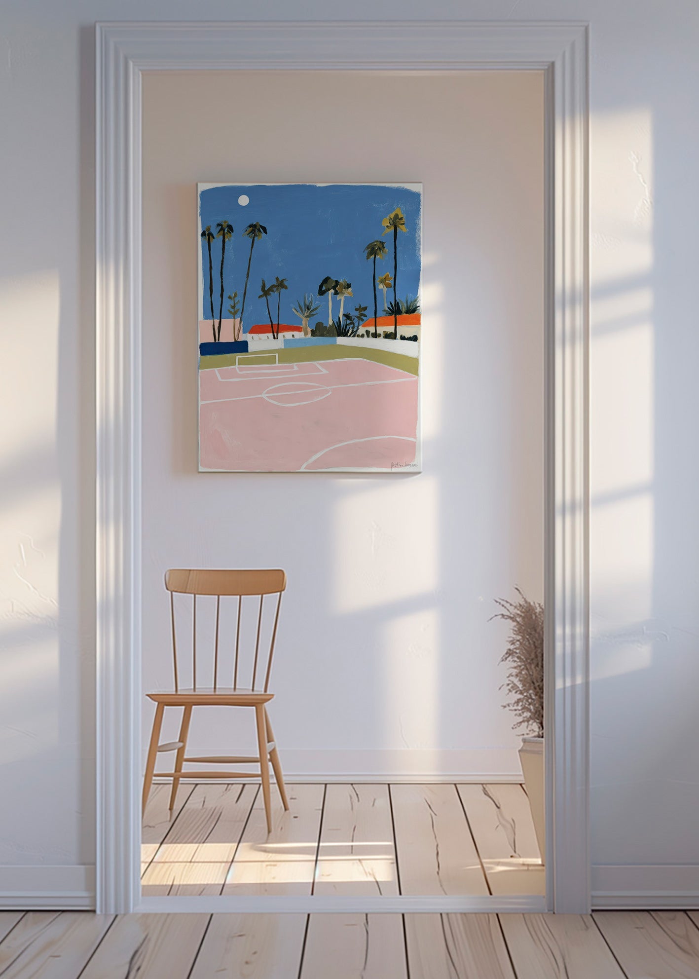 Sportkunst met veld en palmen