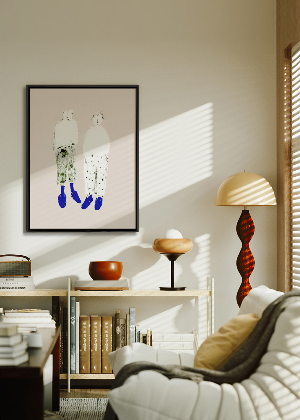 Minimalistische koppelillustratie met blauwe laarzen