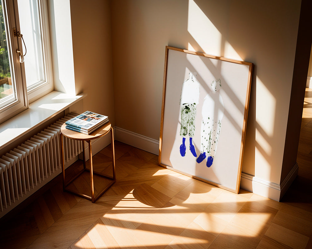 Minimalistische koppelillustratie met blauwe laarzen