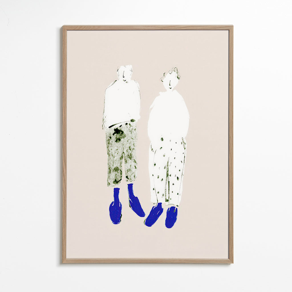 Minimalistische koppelillustratie met blauwe laarzen
