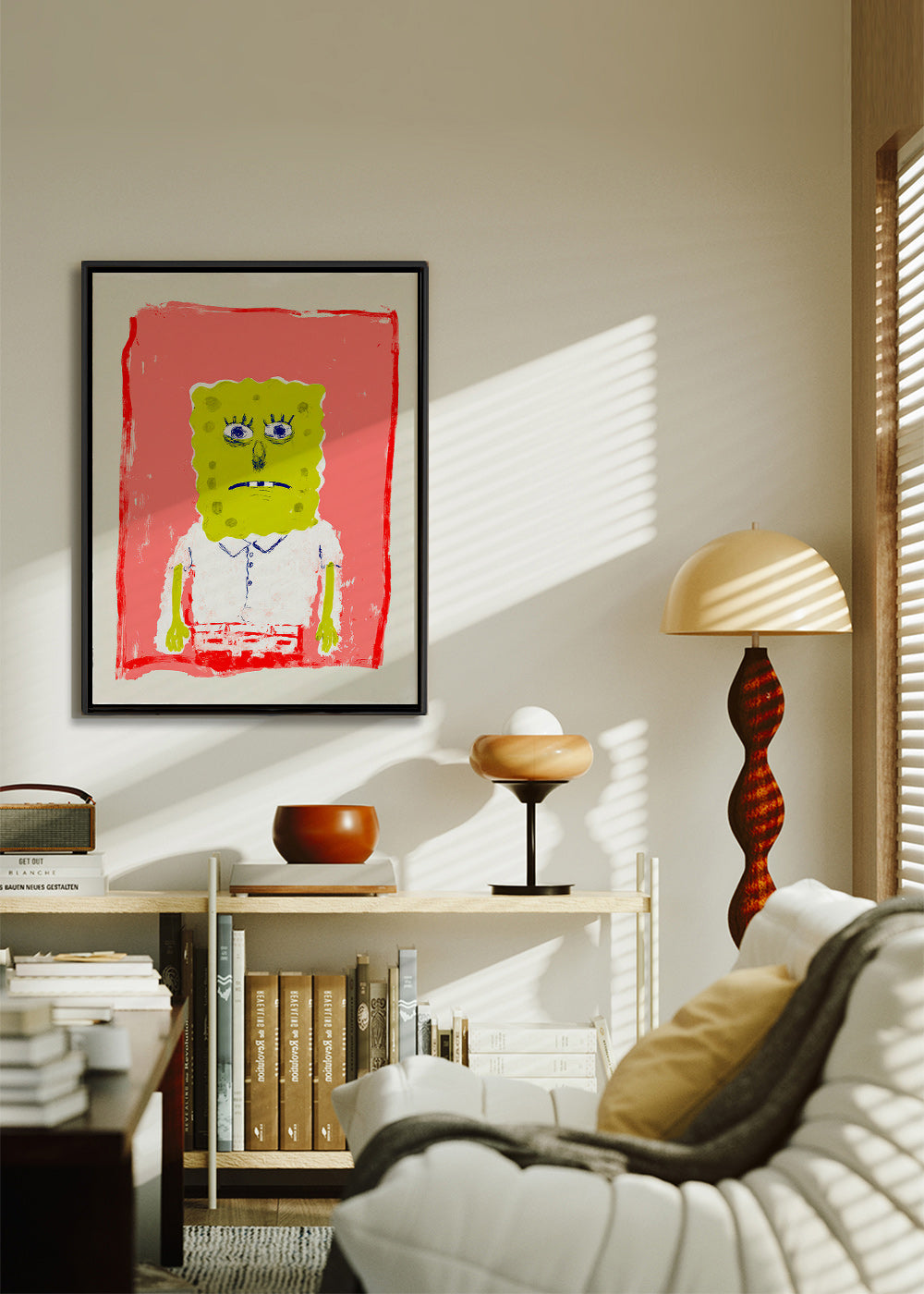Illustration personnage éponge sur fond rose