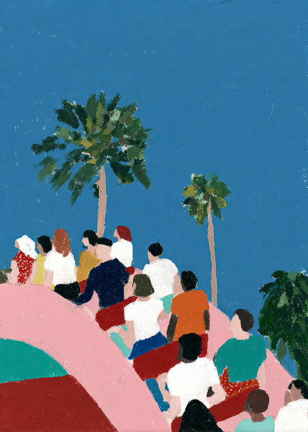 Illustratie menigte op attractie met palmbomen