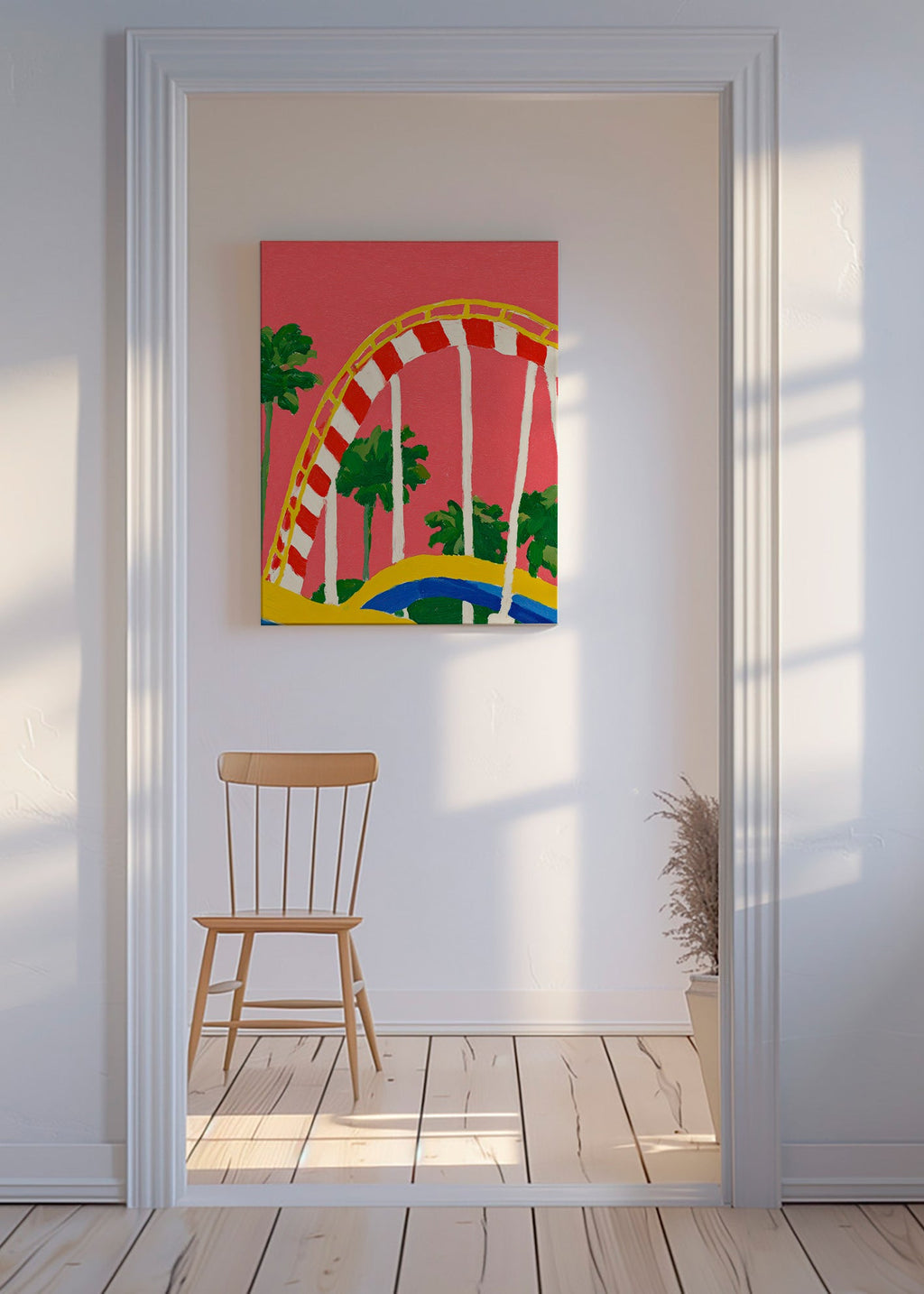 Botanische print met palmen en kleurrijke boog