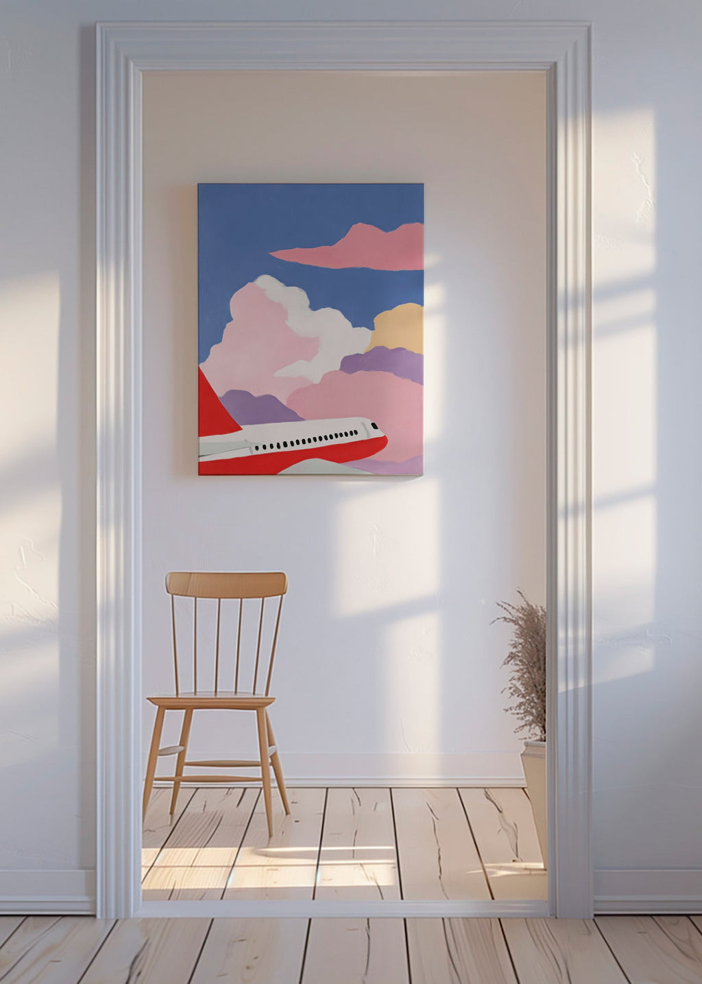 Illustration Flugzeug über rosa Wolken
