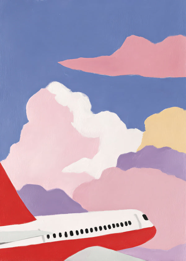 Illustration Flugzeug über rosa Wolken