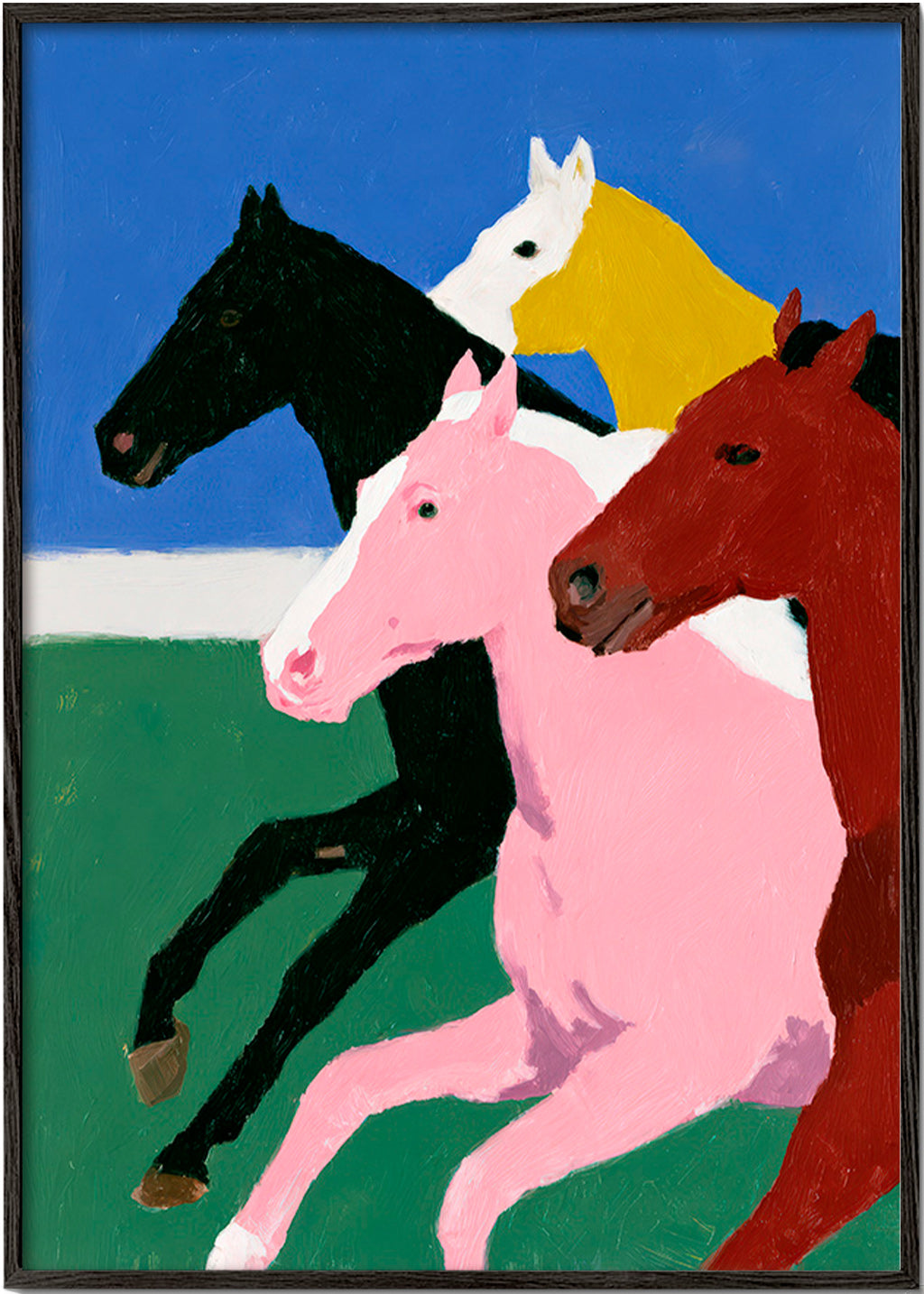 Kunstwerk vier rennende paarden met vlakke kleuren