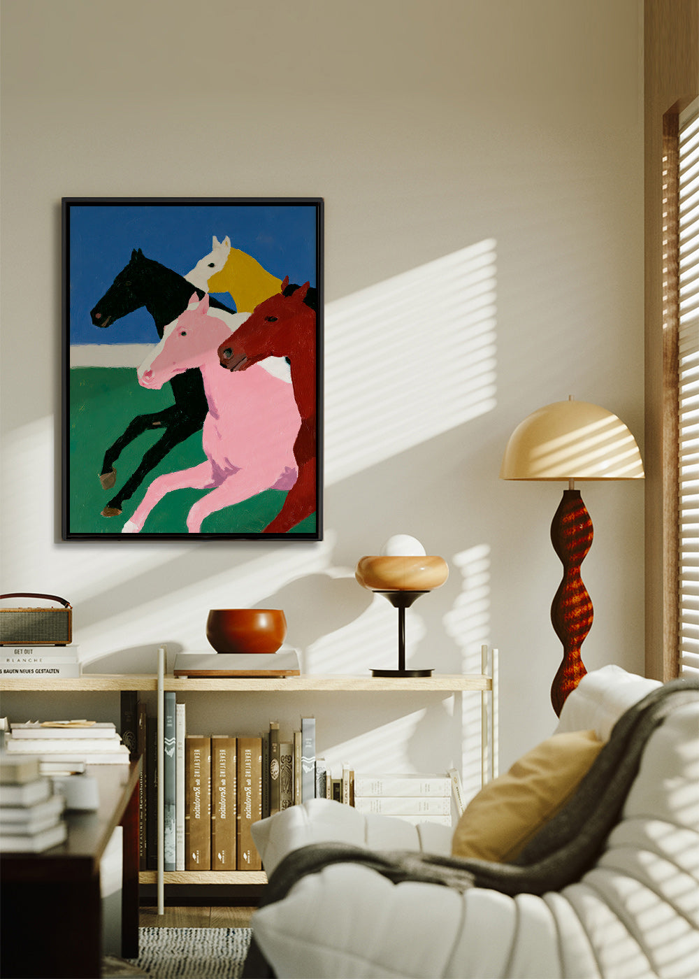 Kunstwerk vier rennende paarden met vlakke kleuren