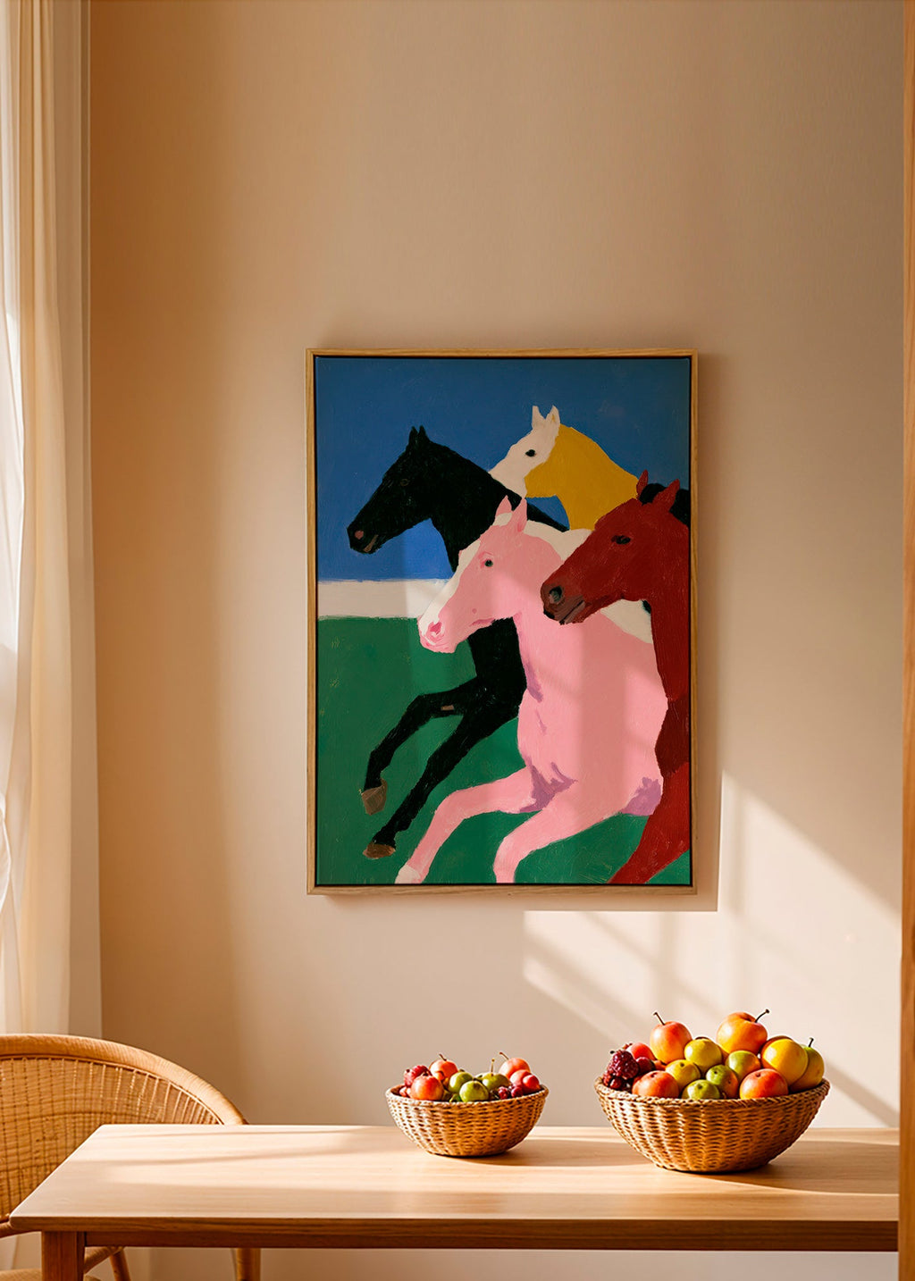 Kunstwerk vier rennende paarden met vlakke kleuren