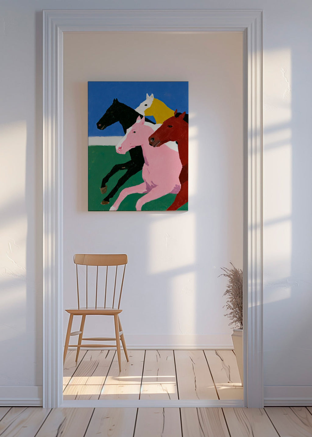 Kunstwerk vier rennende paarden met vlakke kleuren