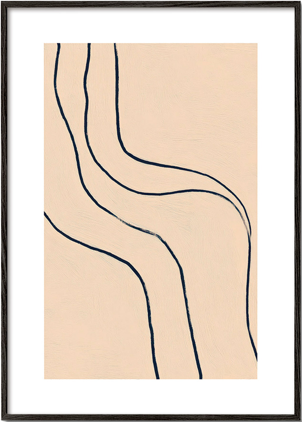 Minimalistisch kunstwerk met vloeiende lijnen op beige