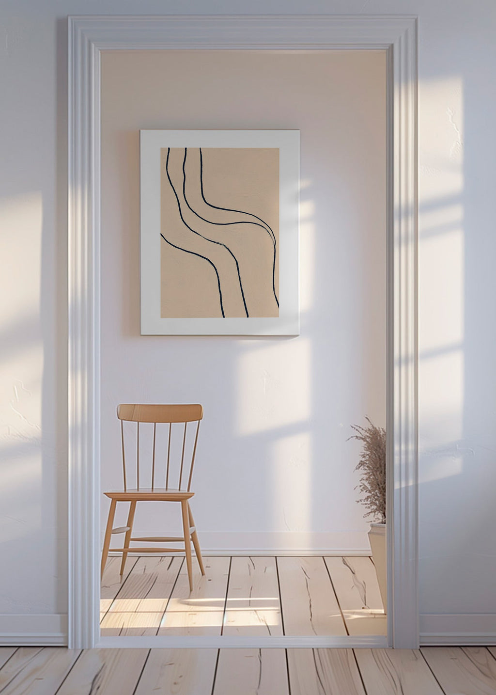 Minimalistisch kunstwerk met vloeiende lijnen op beige