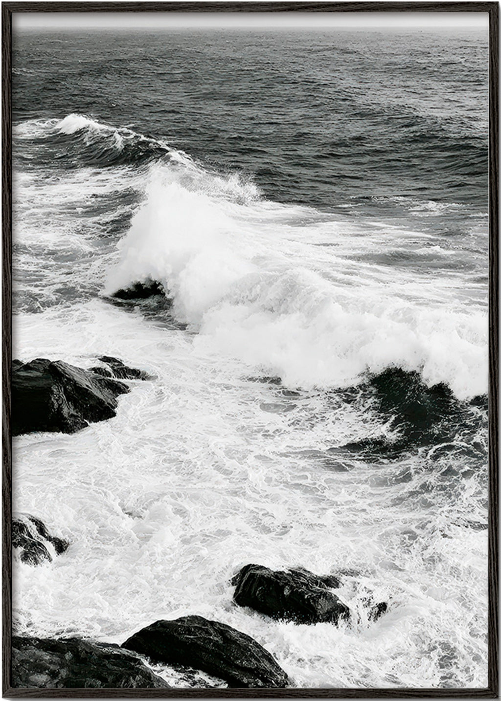 Tableau de paysage marin en noir et blanc avec vagues