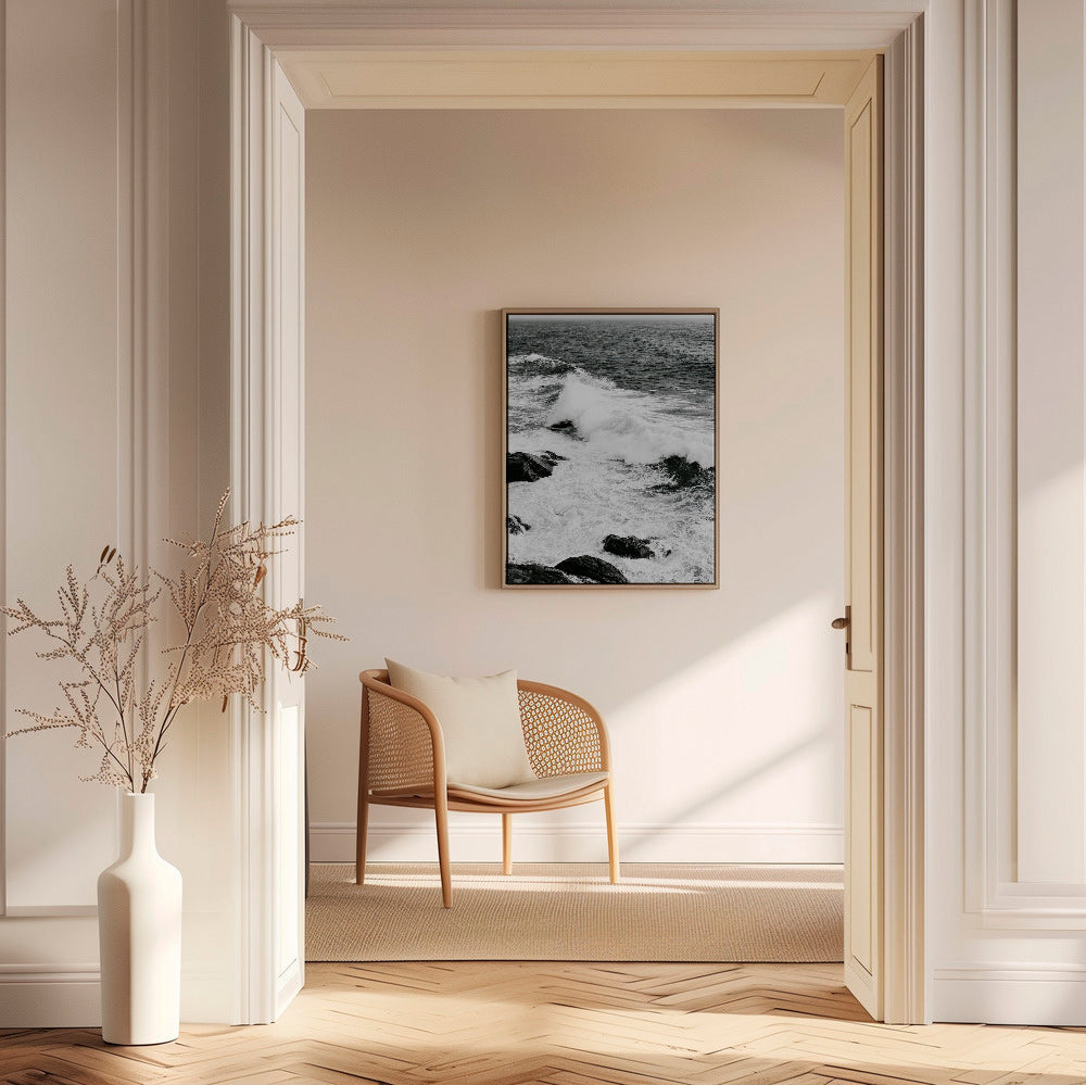 Tableau de paysage marin en noir et blanc avec vagues