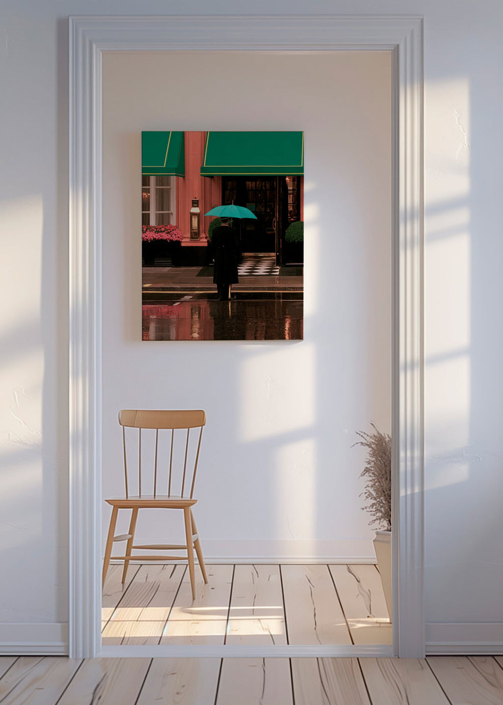Photographie urbaine: silhouette sous parapluie et reflets