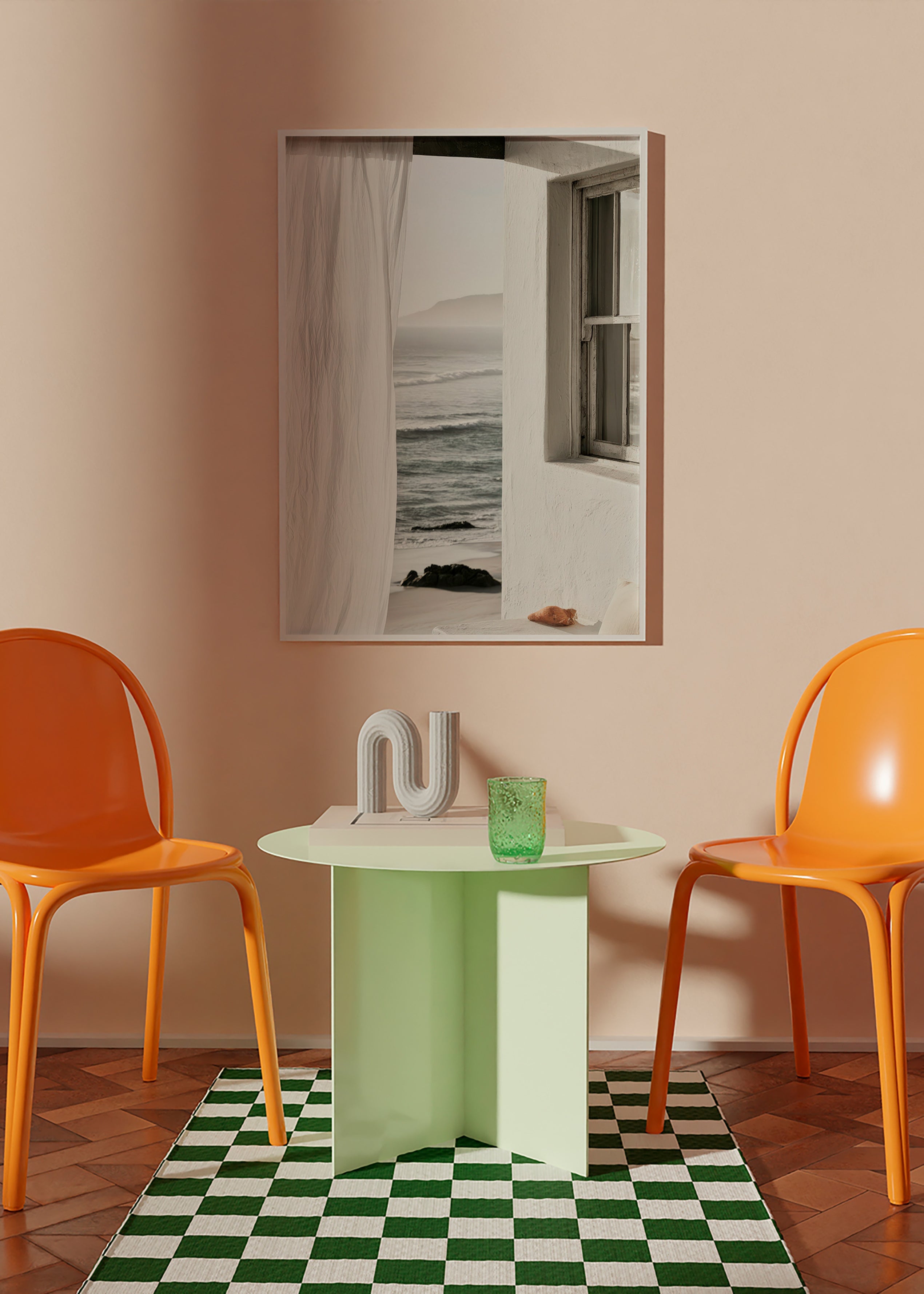 Landschapsposter met raam naar zee