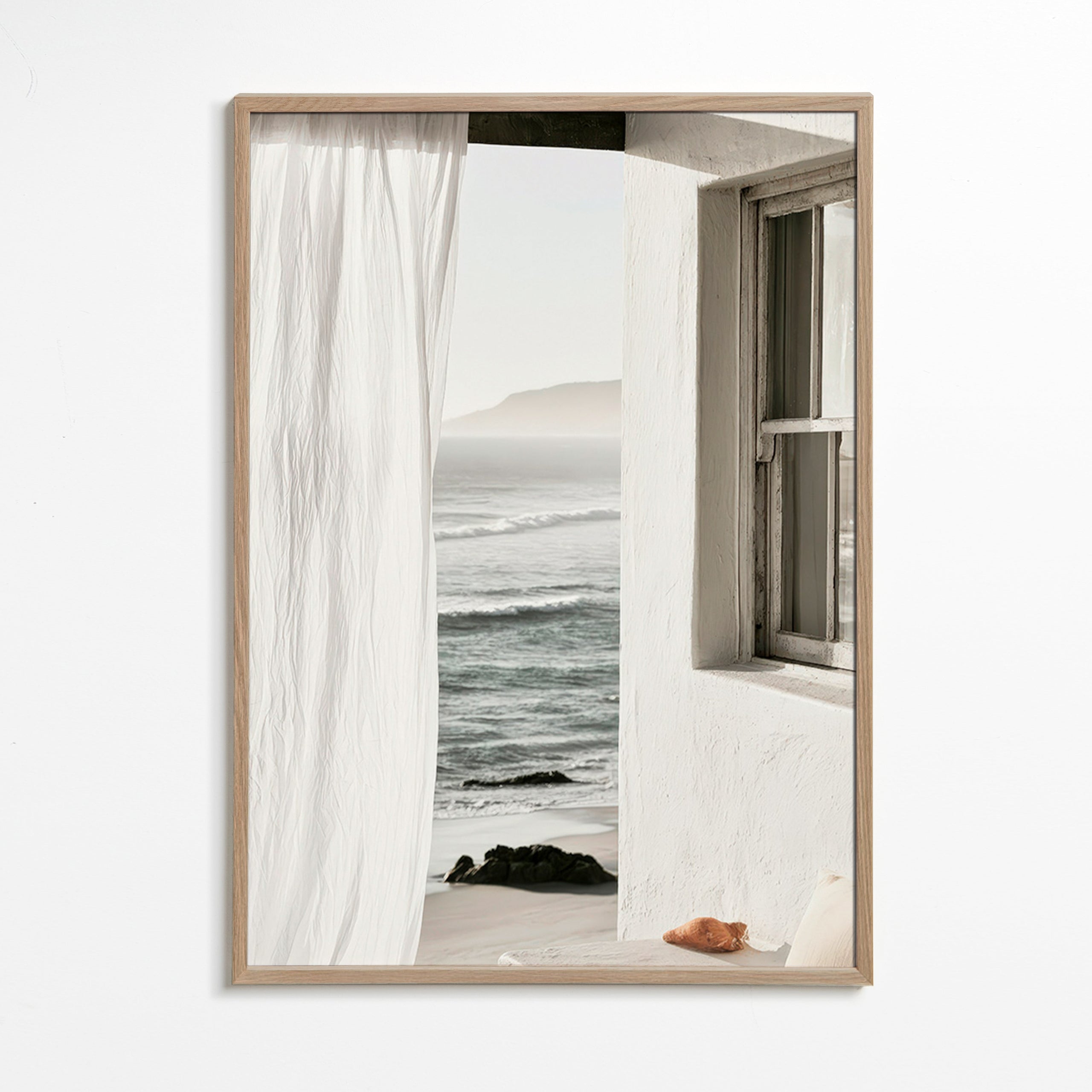 Landschapsposter met raam naar zee