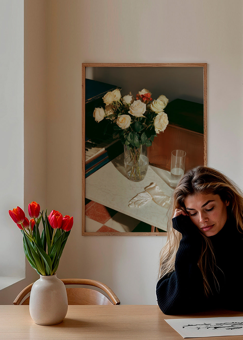 Botanische poster met witte rozen