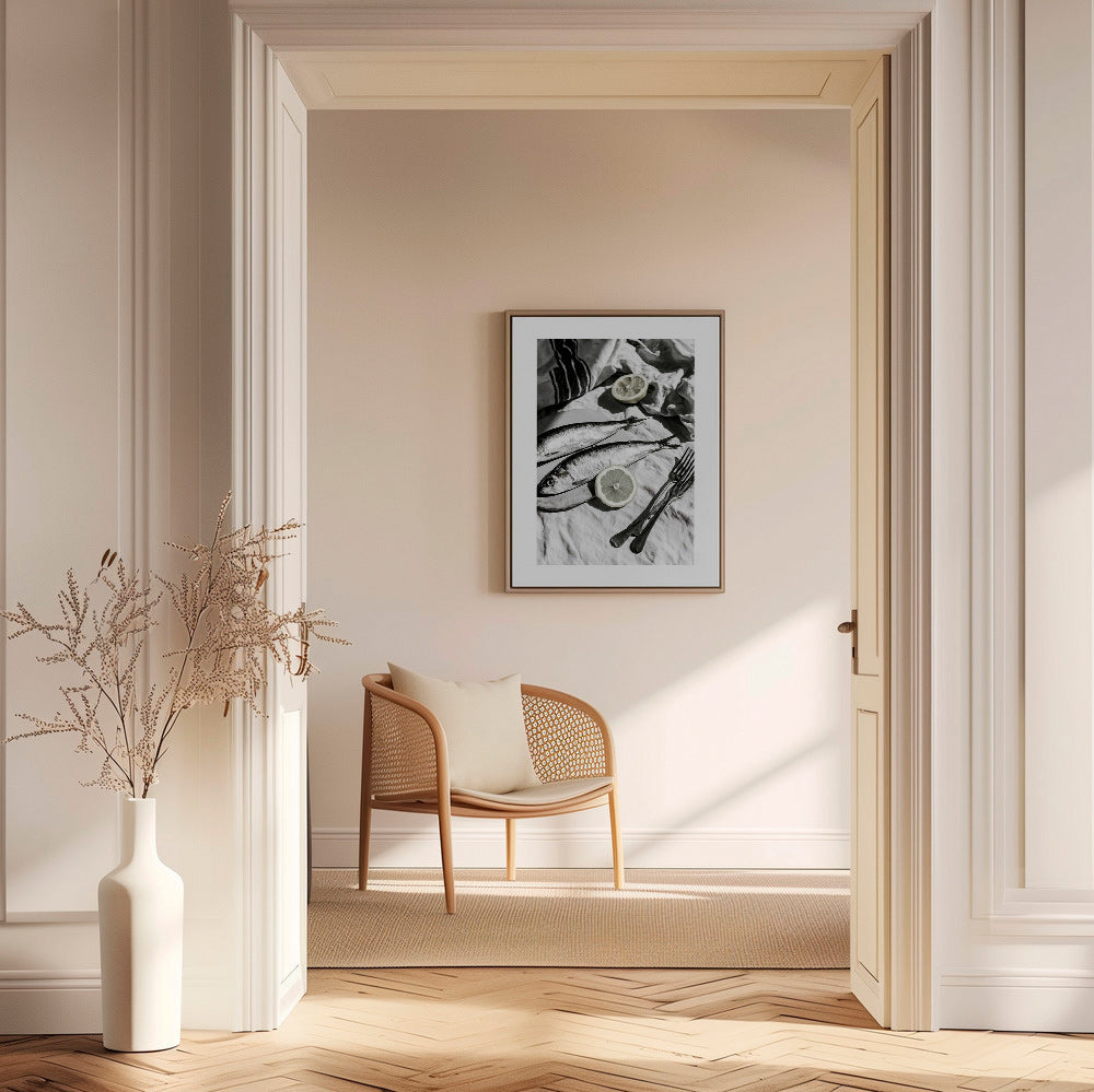 Keuken kunst: monochrome sardines en citroen stilleven
