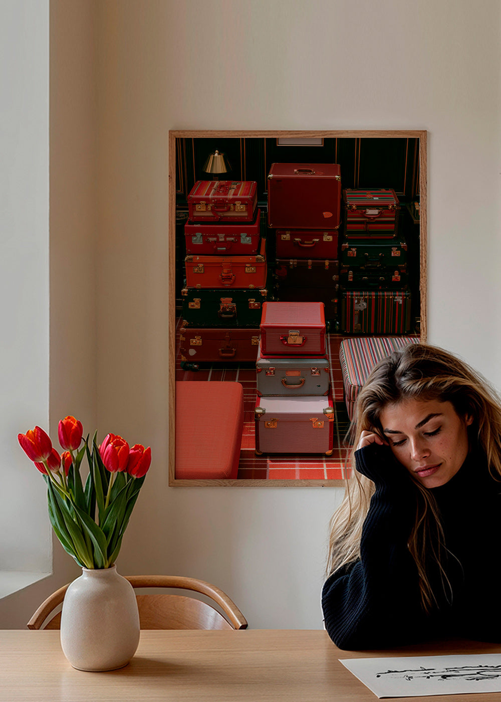 Affiche de voyage avec valises rouges empilées