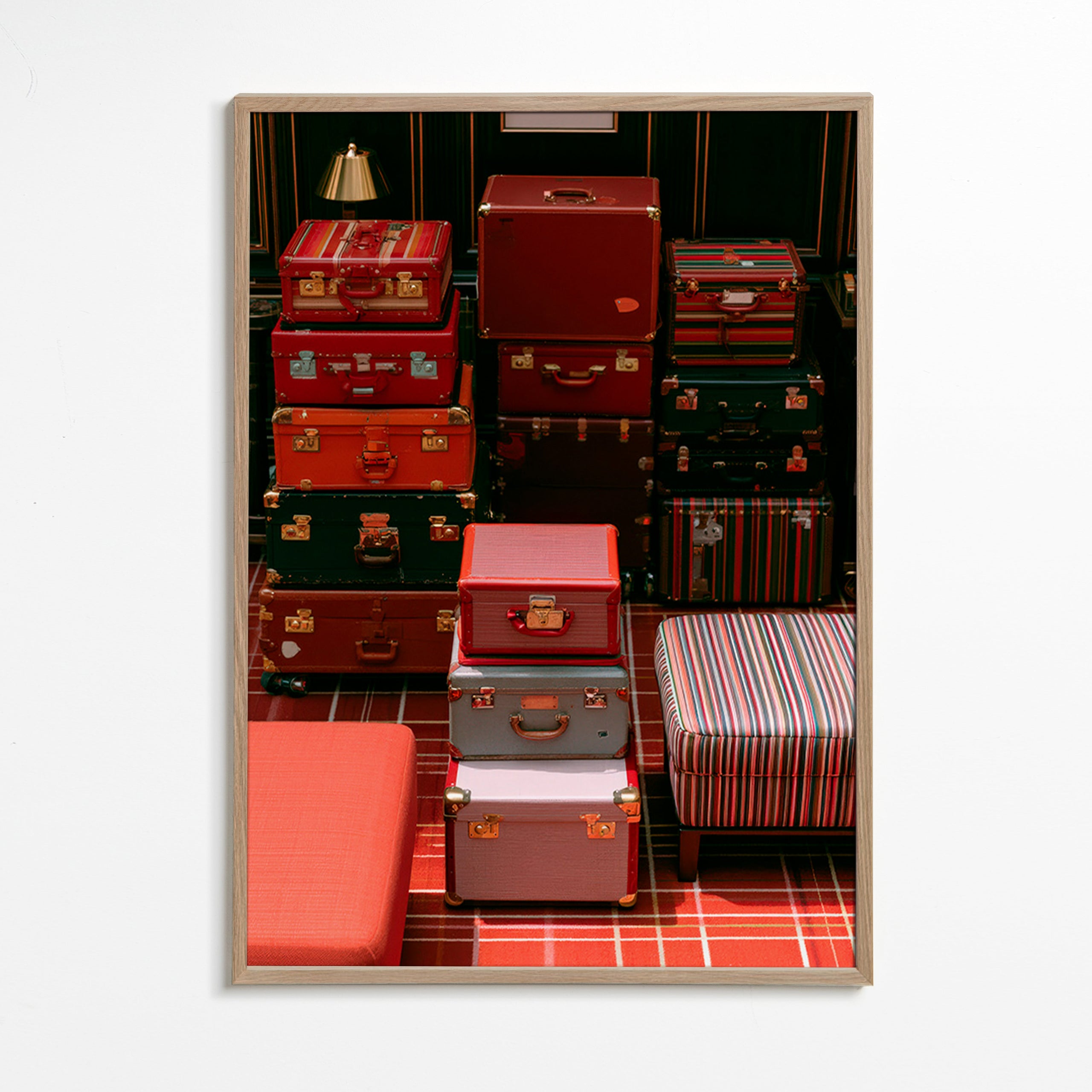 Affiche de voyage avec valises rouges empilées