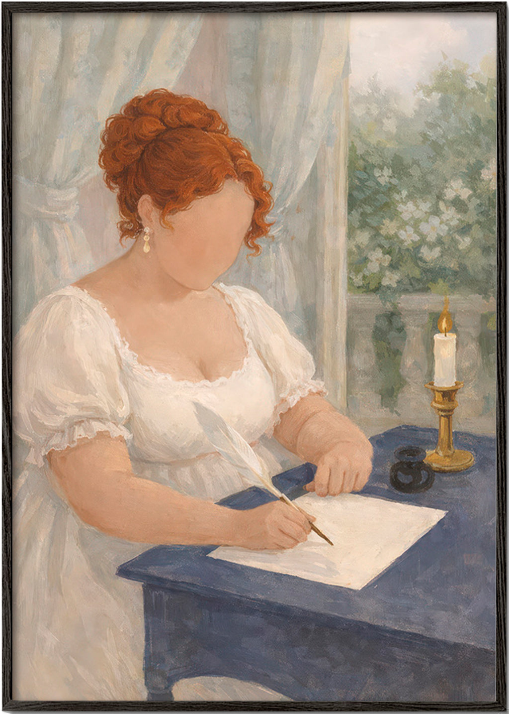 Illustration de dame écrivant à la bougie